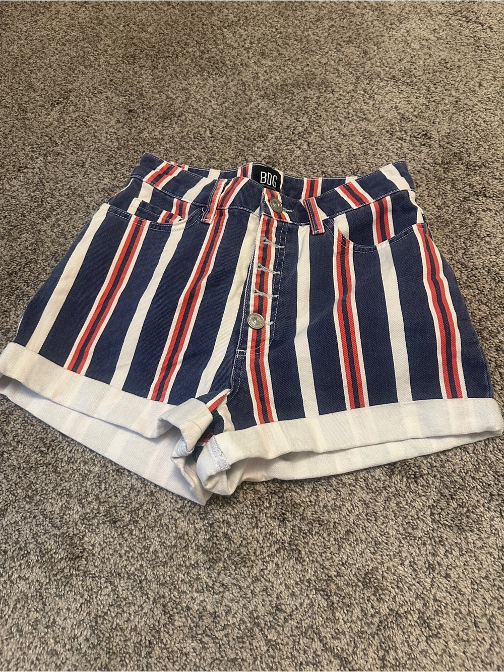 BDG Navy, White & Red Vertical Stripe Jean Shorts